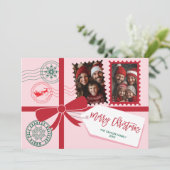 赤いユニークピンクのギフトボウ写真メリークリスマス シーズンカード (スタンド正面)