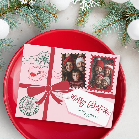 赤いユニークピンクのギフトボウ写真メリークリスマス シーズンポストカード