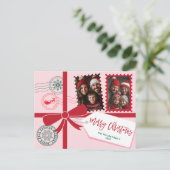 赤いユニークピンクのギフトボウ写真メリークリスマス シーズンポストカード (スタンド正面)