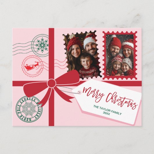 赤いユニークピンクのギフトボウ写真メリークリスマス シーズンポストカード (正面)