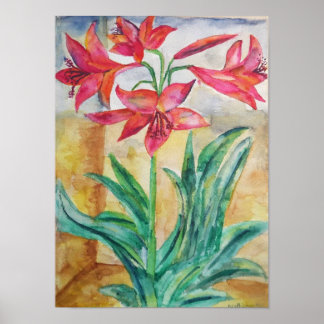 赤いユリの水彩画 – フラワー ウォール アート プリント