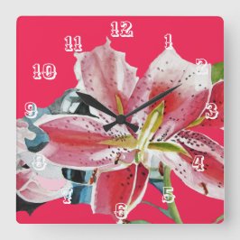 赤いユリの水彩画 花のアート作品 花 スクエア壁時計