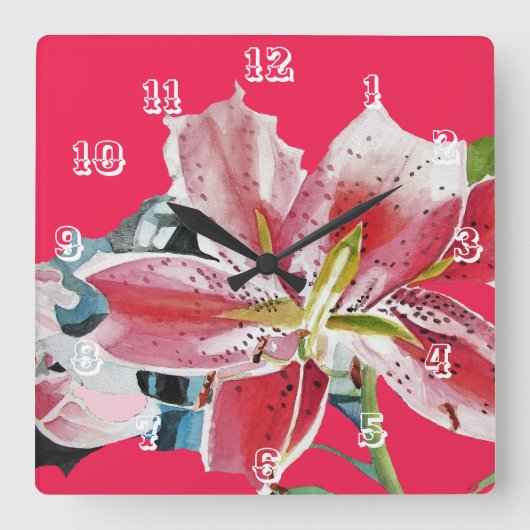 赤いユリの水彩画 花のアート作品 花  スクエア壁時計 (正面)