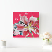 赤いユリの水彩画 花のアート 花  スクエア壁時計 (ホーム)