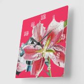 赤いユリの水彩画 花のアート 花  スクエア壁時計 (傾斜)