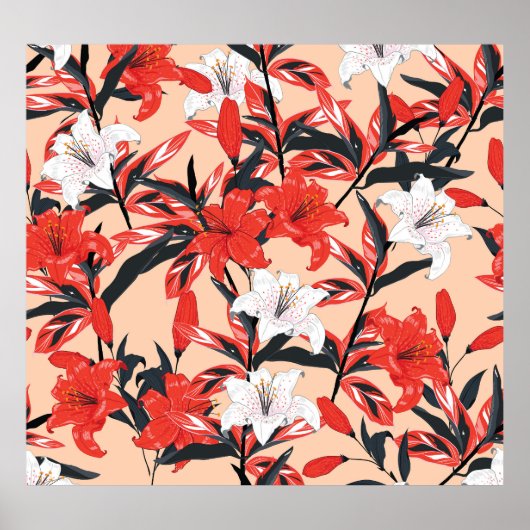 赤いユリ：ヴィンテージ植物模様。 ポスター (正面)