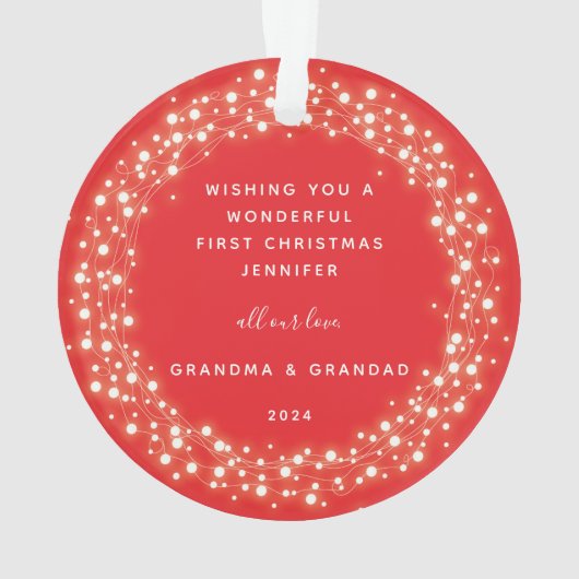 赤いラきらめくイトベビー初めてのクリスマス写真 オーナメント (裏面)