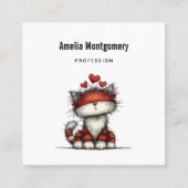 赤いラブハートの猫 かわいいユーモア スクエア名刺 (正面)