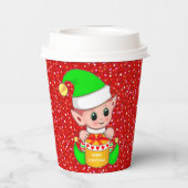赤いラメの上の可愛いクリスマスエルフ 紙コップ (裏面)