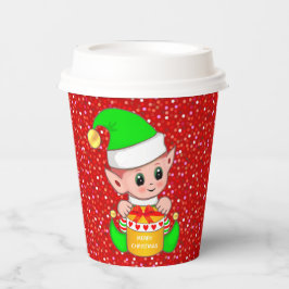 赤いラメの上の可愛いクリスマスエルフ 紙コップ
