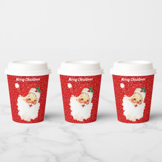 赤いラメの紙コップにクリスマスのサンタクロース 紙コップ (複数)