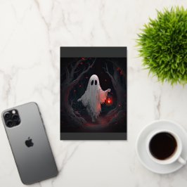 赤いランタンと赤い葉を持つ白い幽霊 箔グリーティングカード