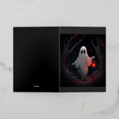 赤いランタンと赤い葉を持つ白い幽霊 箔グリーティングカード (外側レイダウン)