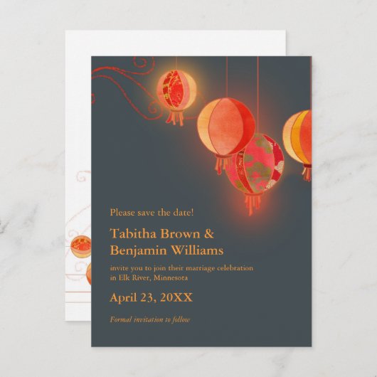 赤いランタン木炭グレーの結婚式の日付を保存 案内ポストカード (正面/裏面)