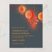 赤いランタン木炭グレーの結婚式の日付を保存 案内ポストカード (正面)