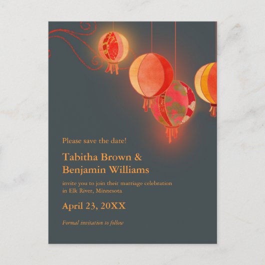 赤いランタン木炭グレーの結婚式の日付を保存 案内ポストカード (正面)
