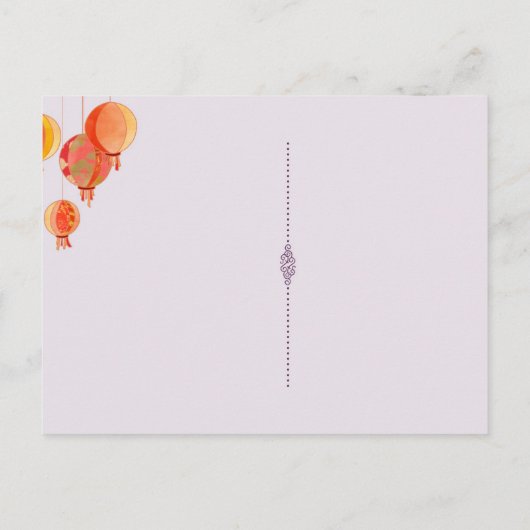 赤いランタン紫結婚の写真日付を保存 案内ポストカード (裏面)