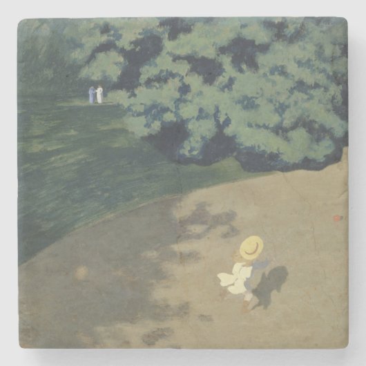 赤いランニングボールの後の少女の少女（幼少期） ストーンコースター (正面)