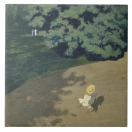 赤いランニングボールの後の少女の少女（幼少期） タイル