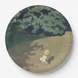 赤いランニングボールの後の少女の少女（幼少期） ペーパープレート