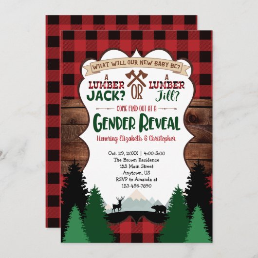 赤いランバージャックジェンダーが赤いシャワーを明らかにする 招待状 (正面/裏面)