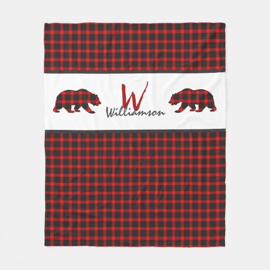 赤いランバージャックプレイドがモノグラムを支える フリースブランケット (正面)