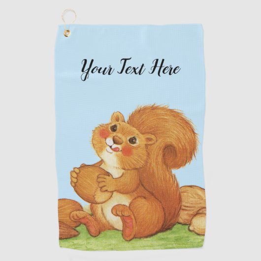 赤いリスのふわふわした尻紅食べ頬の木の実 ゴルフタオル (正面)