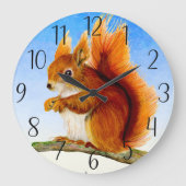 赤いリスの水色絵画のはがき ラージ壁時計 (正面)