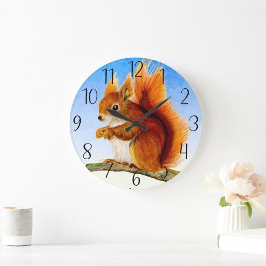赤いリスの水色絵画のはがき ラージ壁時計 (ホーム)