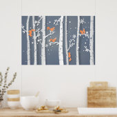 赤いリス白いヒノキの木のペーパーカット ポスター (キッチン)