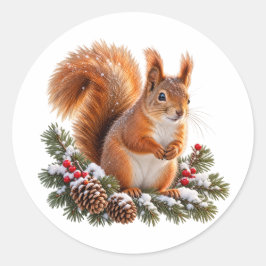 赤いリス 雪に覆われた常緑樹 クリスマスの野生動物 ラウンドシール