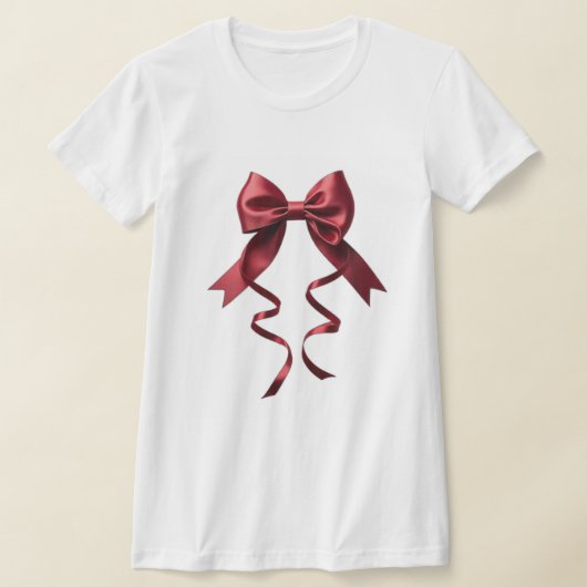 赤いリボンがデザインされた白シャツ Tシャツ (レイダウン)