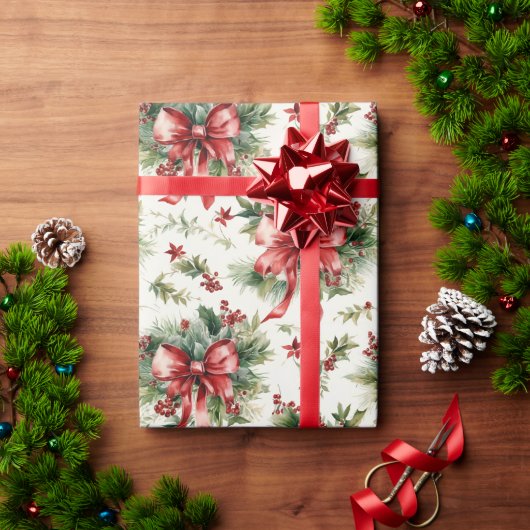 赤いリボンとヒイラギの葉 ラッピングペーパー (クリスマスギフト)