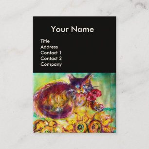 赤いリボンとヒマワリのモノグラムを持つ猫 名刺