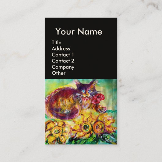 赤いリボンとヒマワリのモノグラムを持つ猫 名刺 (正面)