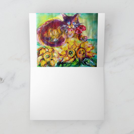 赤いリボンとヒマワリの付いた猫 カード (内部)