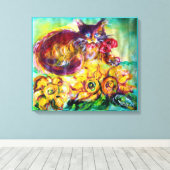 赤いリボンとヒマワリの付いた猫 キャンバスプリント (インサイチュ (ウッドフロア))