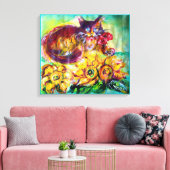 赤いリボンとヒマワリの付いた猫 キャンバスプリント (インサイチュ (リビング))