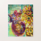 赤いリボンとヒマワリの付いた猫 ジグソーパズル (縦)