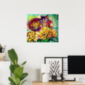 赤いリボンとヒマワリの付いた猫 ポスター (ホームオフィス)