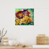 赤いリボンとヒマワリの付いた猫 ポスター (キッチン)