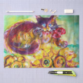 赤いリボンとヒマワリの付いた猫 薄葉紙 (クラフト)