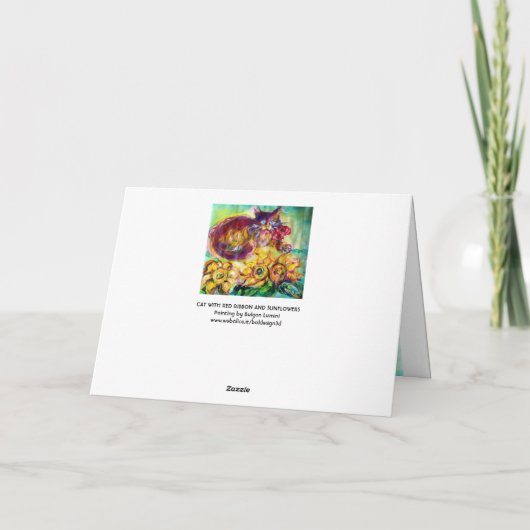 赤いリボンとヒマワリの母の日を持つ猫 カード (裏面)