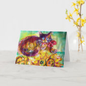 赤いリボンとヒマワリの母の日を持つ猫 カード (黄色い花)