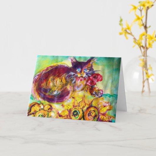 赤いリボンとヒマワリの母の日を持つ猫 カード (黄色い花)