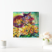 赤いリボンとヒマワリを持つ猫 スクエア壁時計 (ホーム)