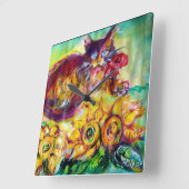 赤いリボンとヒマワリを持つ猫 スクエア壁時計 (傾斜)