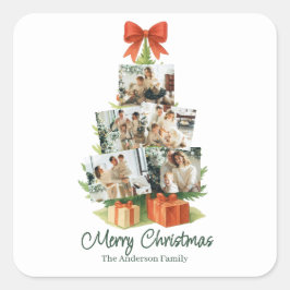 赤いリボンとプレゼントが付いたエレガントなクリスマスツリー -  スクエアシール