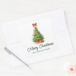赤いリボンとプレゼントが付いたエレガントなクリスマスツリー - スクエアシール