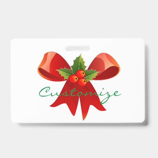 赤いリボンとホーリーの葉と赤い実のクリスマスデザイン バッジ (正面)